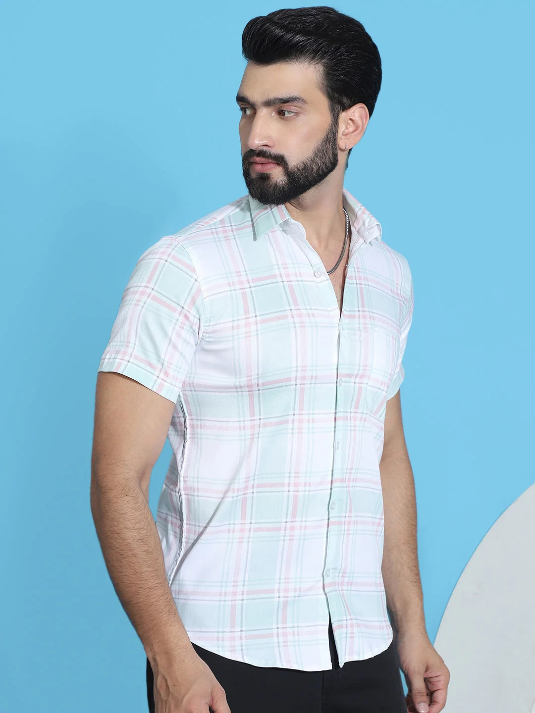 Light Green Checked Mens Shirt - Half Sleeve Cotton Shirt