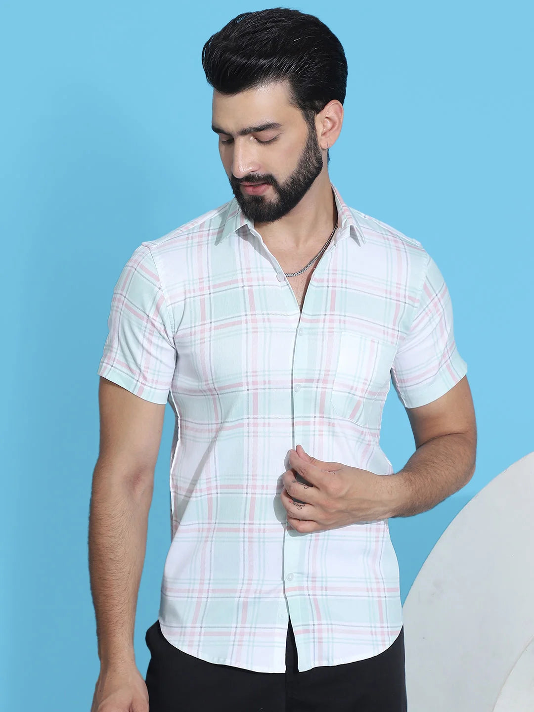 Light Green Checked Mens Shirt - Half Sleeve Cotton Shirt