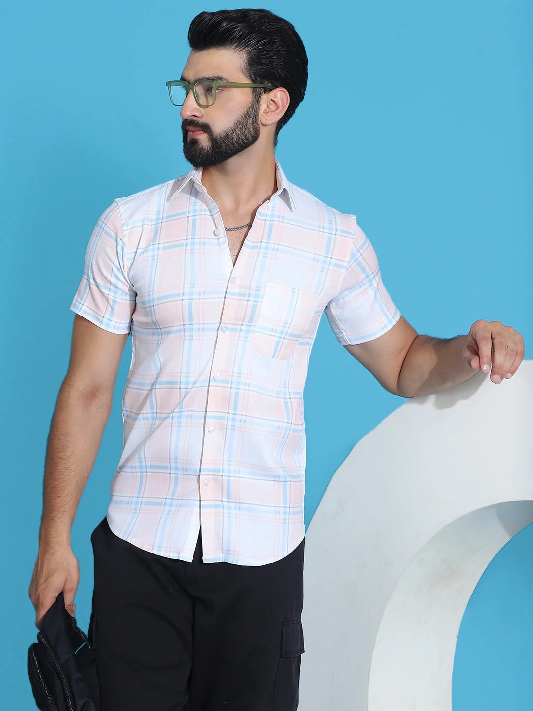 Checked Half Sleeve Cotton Shirt for Men-SF-949Peach