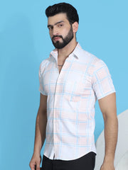 Checked Half Sleeve Cotton Shirt for Men-SF-949Peach
