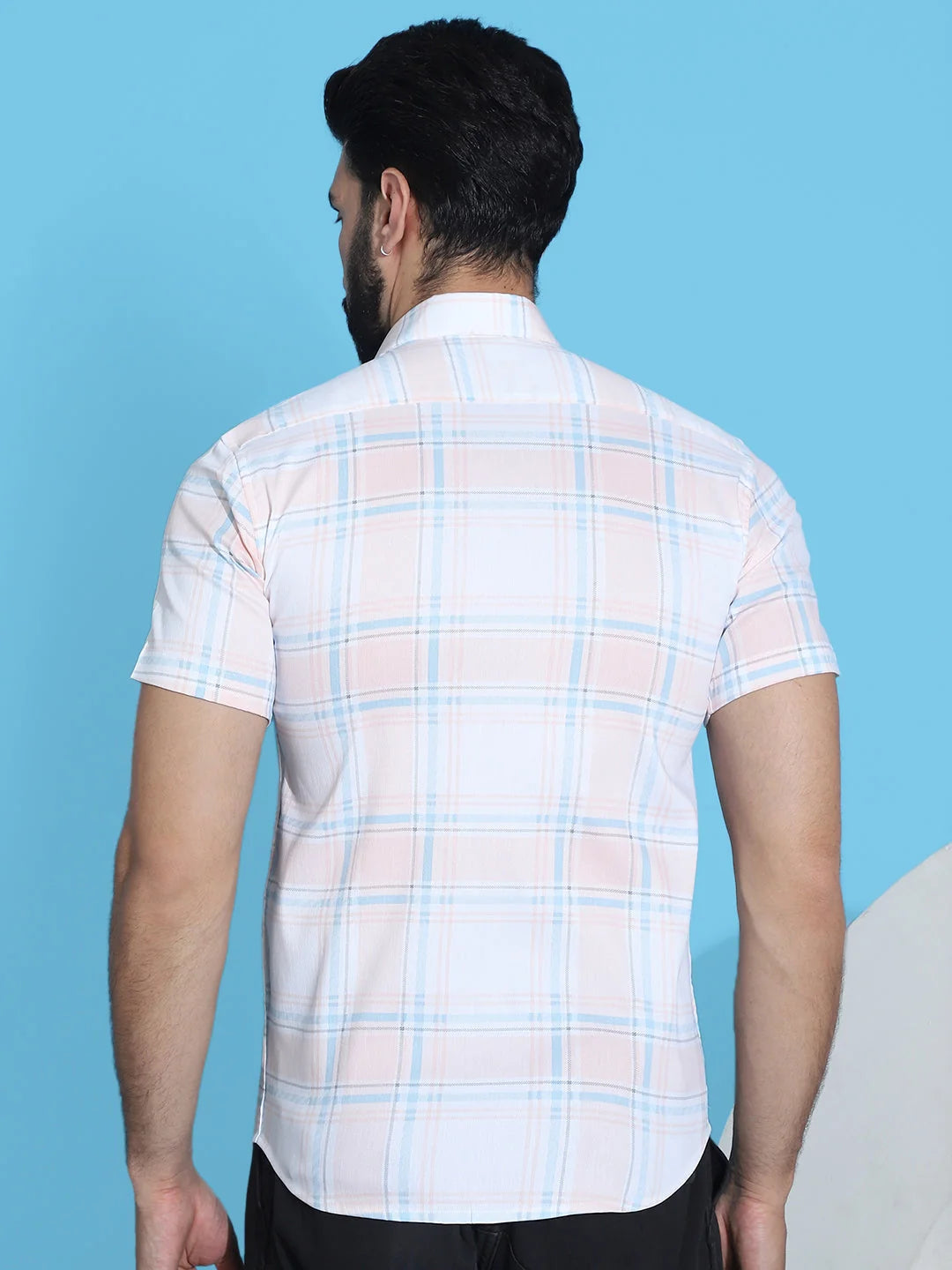 Peach Checked Mens Shirt - Half Sleeve Cotton Shirt for Men
