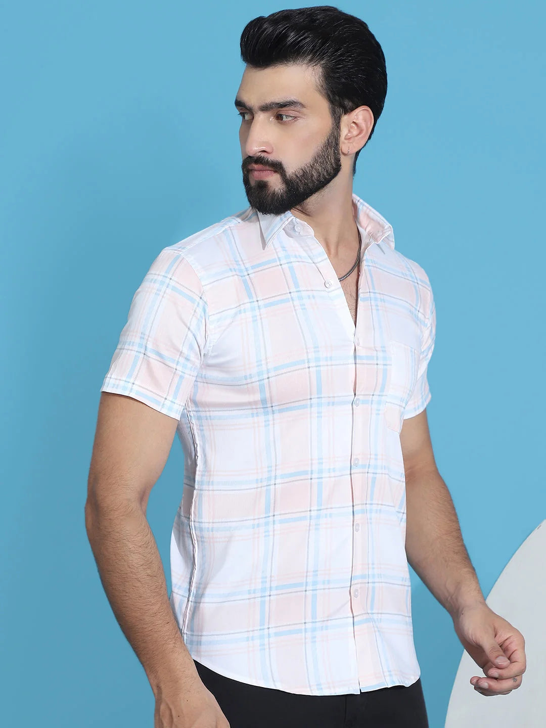 Peach Checked Mens Shirt - Half Sleeve Cotton Shirt for Men