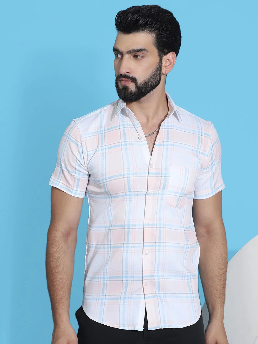 Peach Checked Mens Shirt - Half Sleeve Cotton Shirt for Men