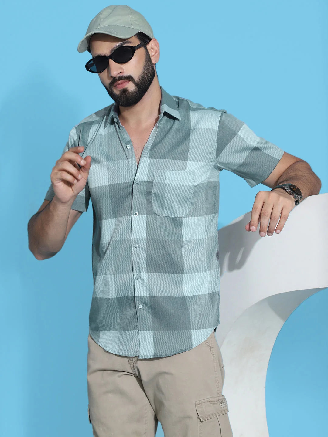 Green Checked Mens Shirt - Half Sleeve Cotton Shirt for Men