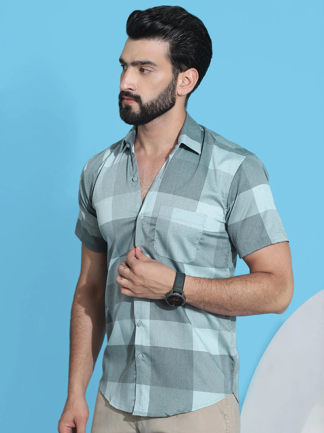 Green Checked Mens Shirt - Half Sleeve Cotton Shirt for Men