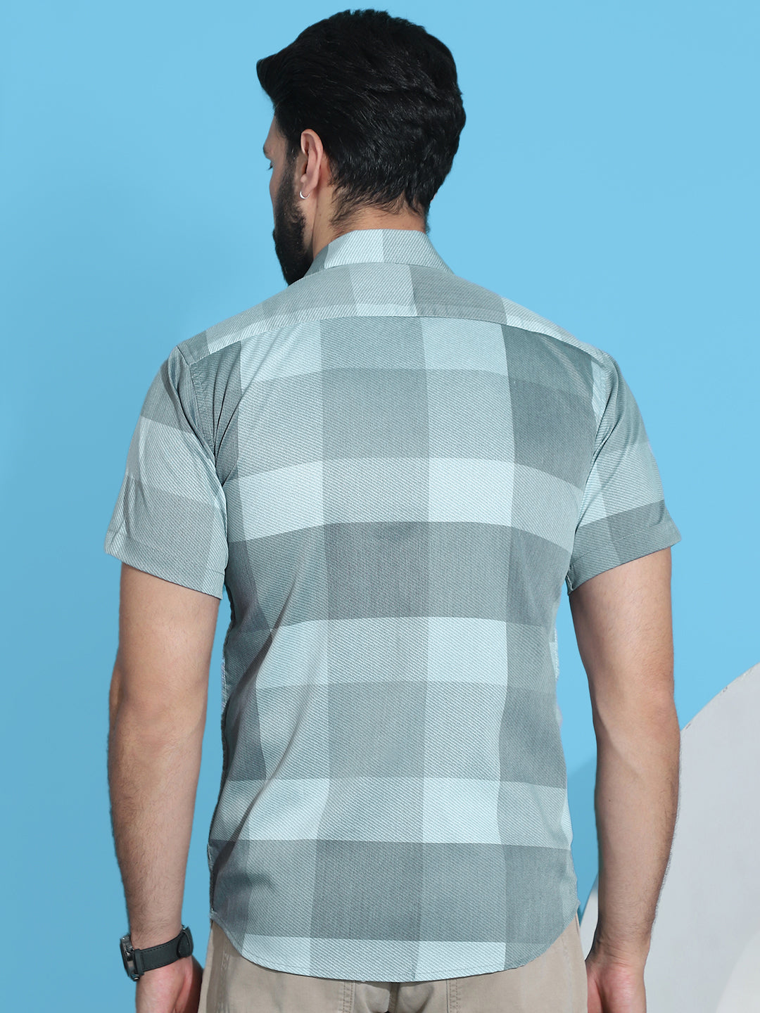 Green Checked Mens Shirt - Half Sleeve Cotton Shirt for Men