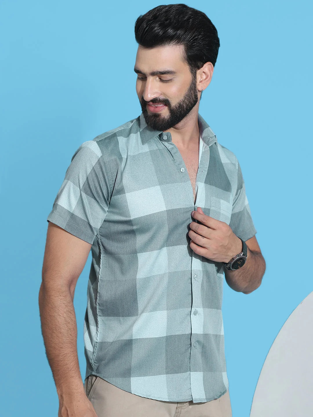 Green Checked Mens Shirt - Half Sleeve Cotton Shirt for Men