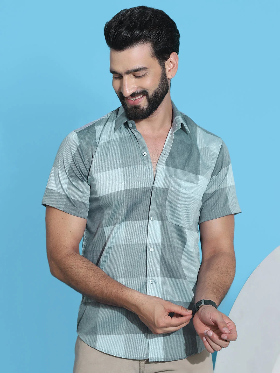 Green Checked Mens Shirt - Half Sleeve Cotton Shirt for Men