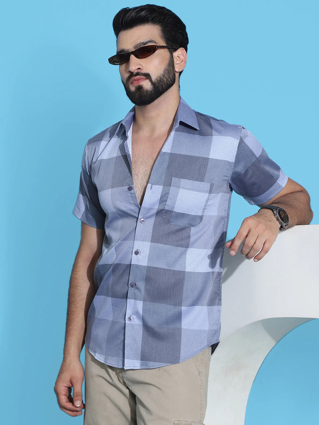 Grey Checked Half Sleeve Cotton Shirt | Trendy Mens Shirt