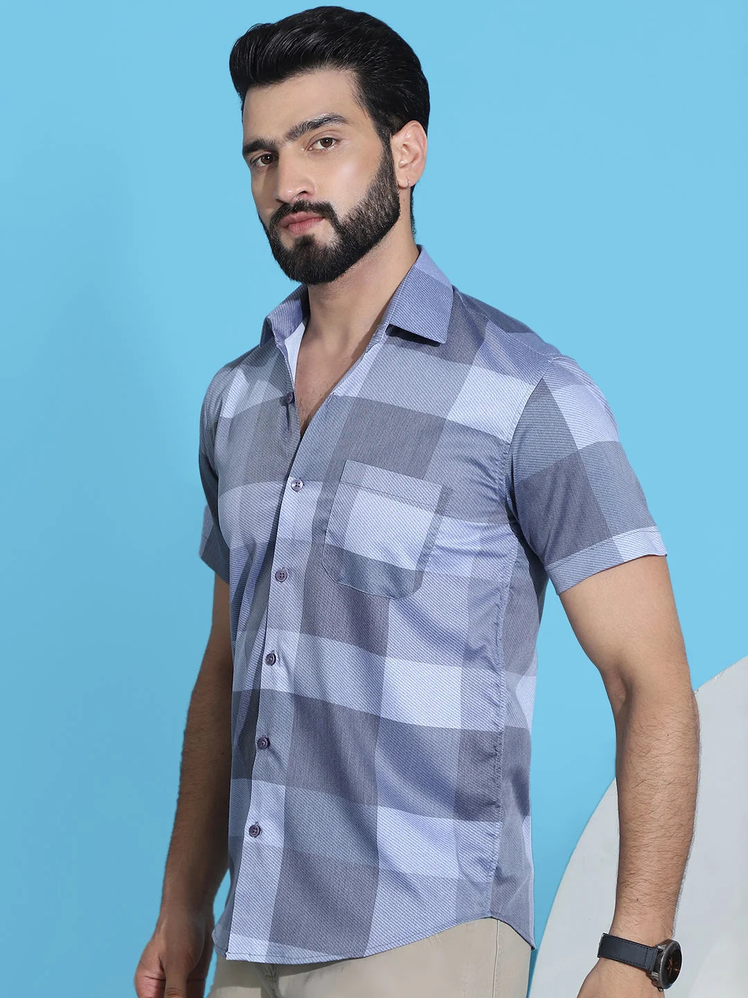Grey Checked Half Sleeve Cotton Shirt | Trendy Mens Shirt