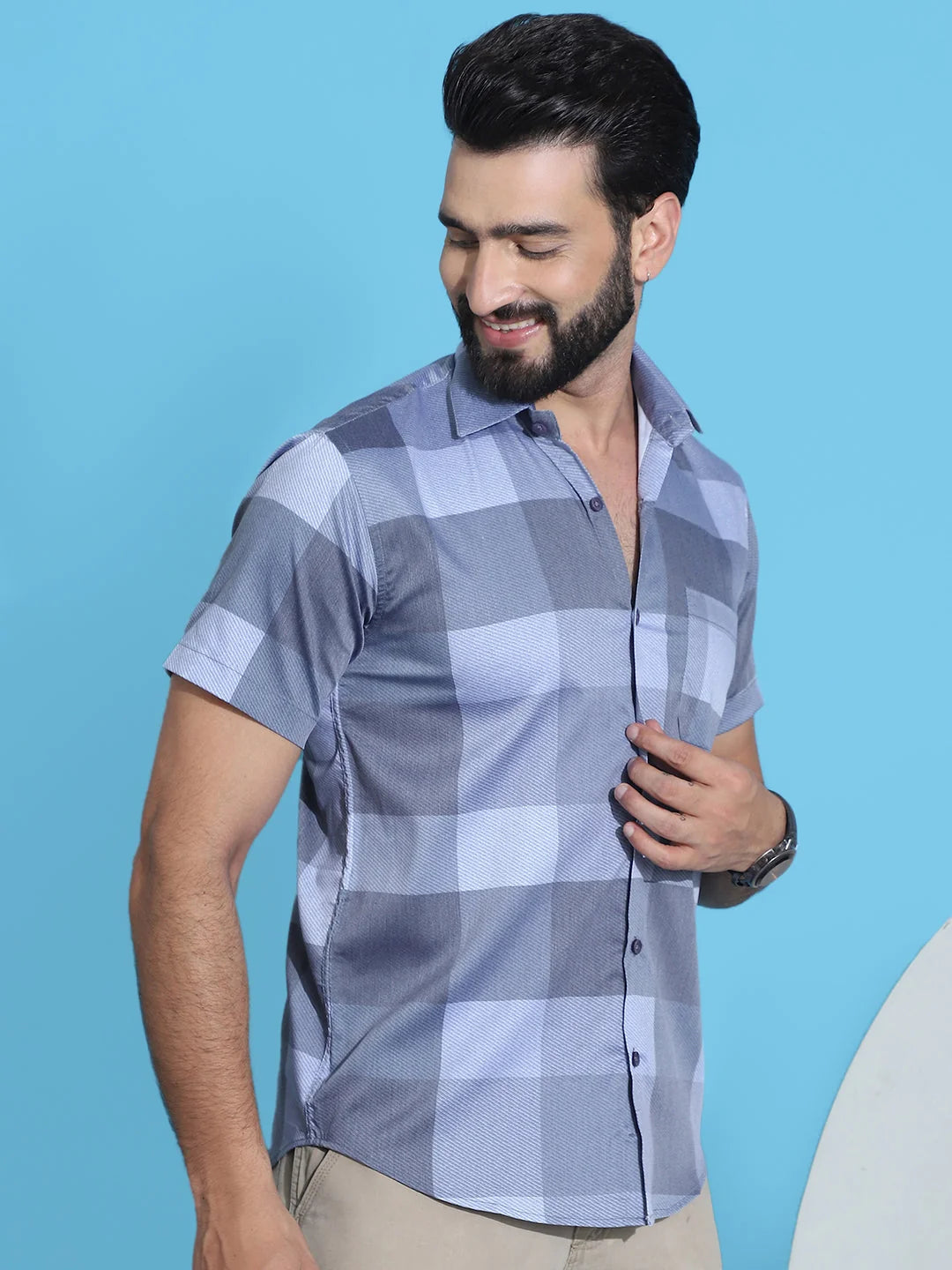 Grey Checked Half Sleeve Cotton Shirt | Trendy Mens Shirt