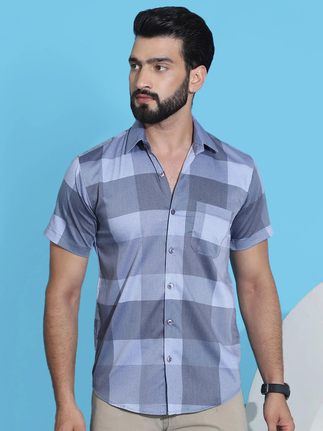 Grey Checked Half Sleeve Cotton Shirt | Trendy Mens Shirt