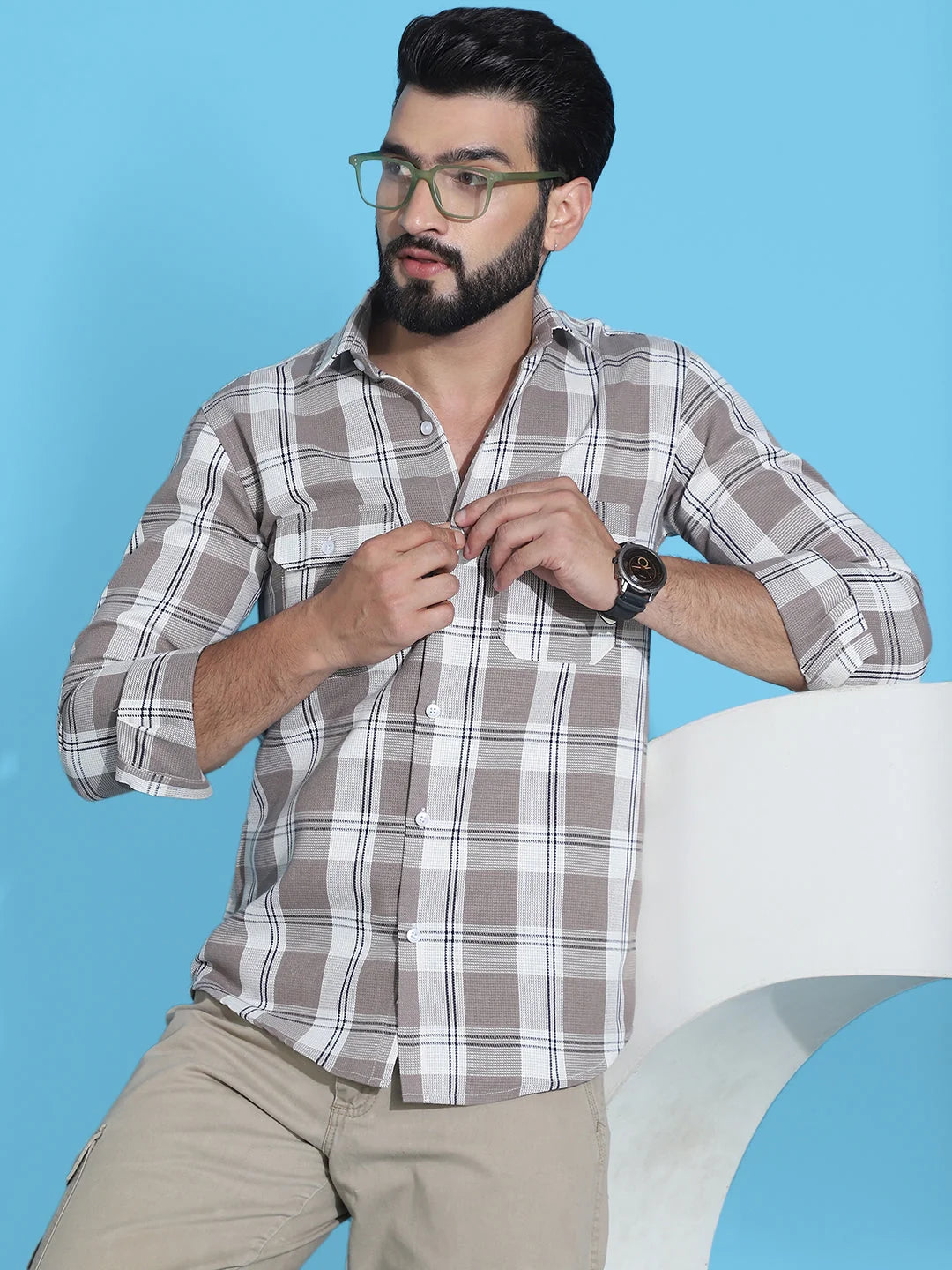 Brown Checked Cotton Shirt for Men | Casual Mens Shirt