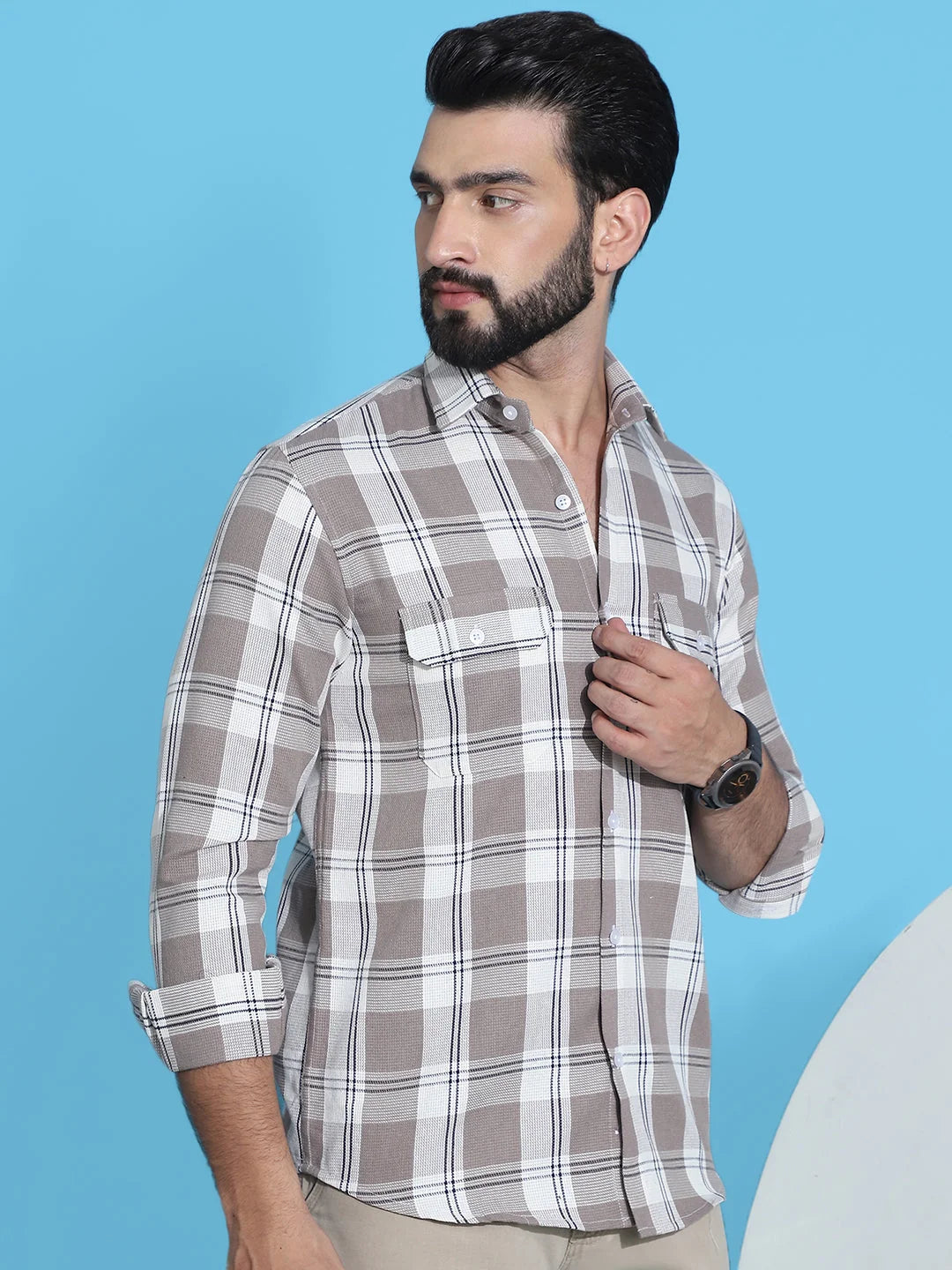 Brown Checked Cotton Shirt for Men | Casual Mens Shirt