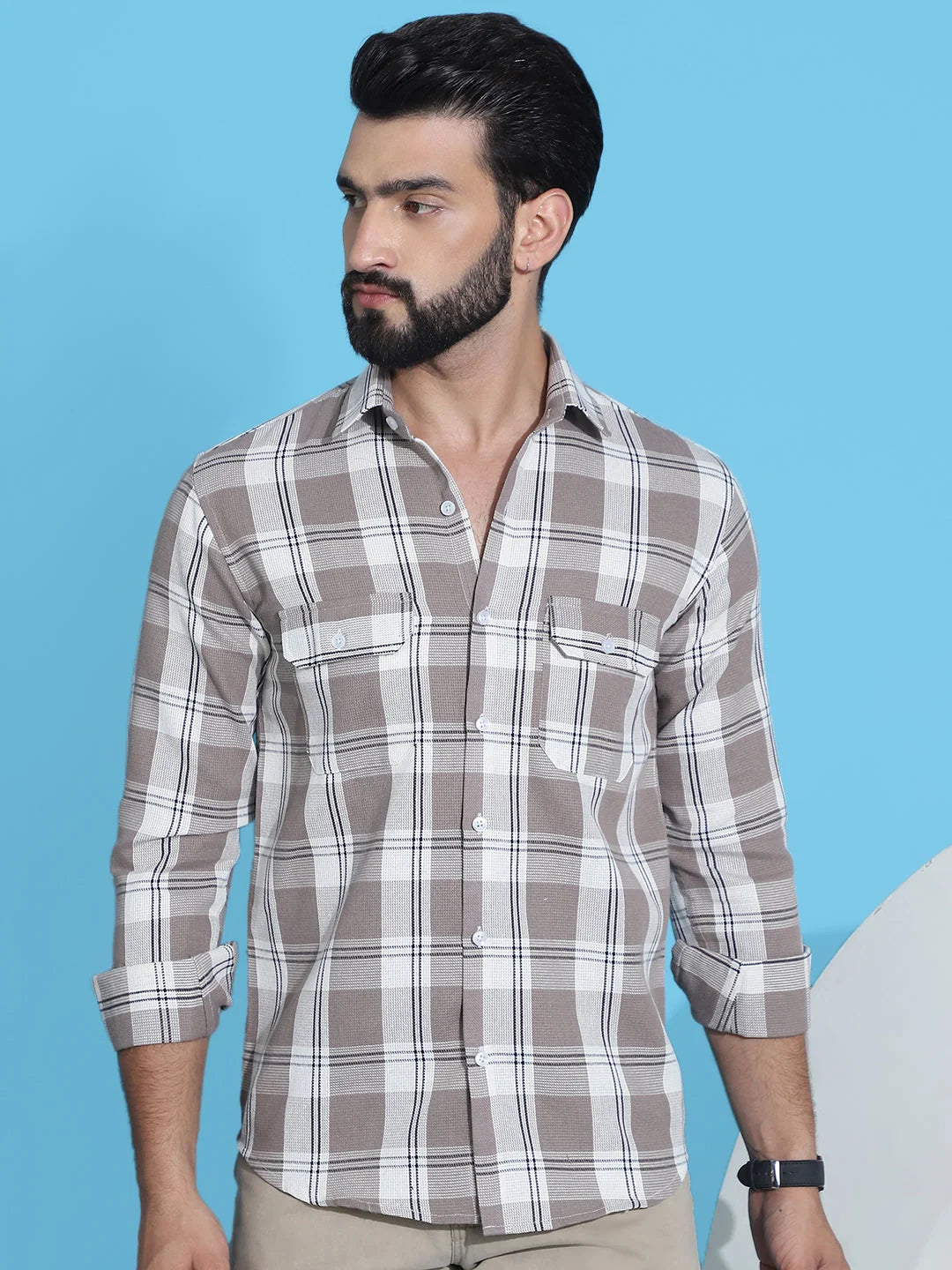 Brown Checked Cotton Shirt for Men | Casual Mens Shirt