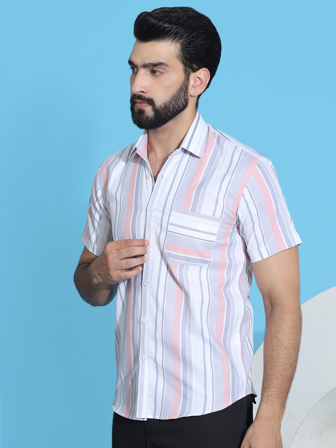Striped Cotton Mens Shirt - Half Sleeve Coral Beach Shirt