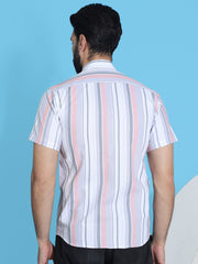 Striped Half Sleeve Cotton Lycra Shirt for Men-SF-952Coral
