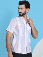 Striped Half Sleeve Cotton Lycra Shirt for Men-SF-952Coral