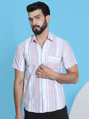 Striped Half Sleeve Cotton Lycra Shirt for Men-SF-952Coral