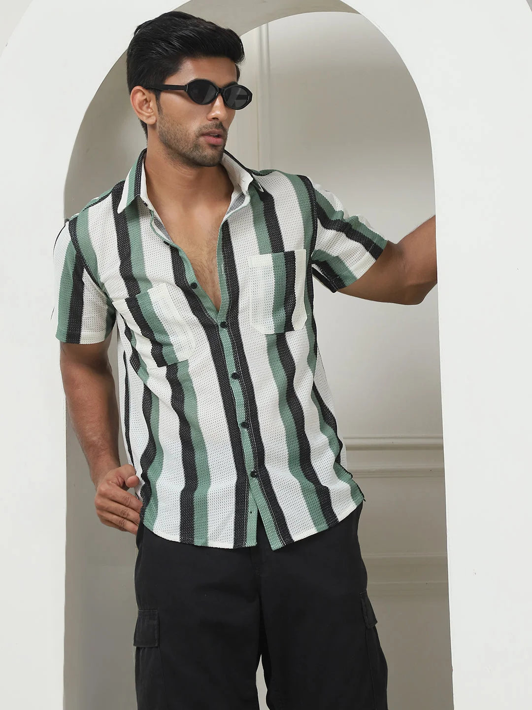 Striped Green Mens Shirt - Regular Fit Cotton Shirt