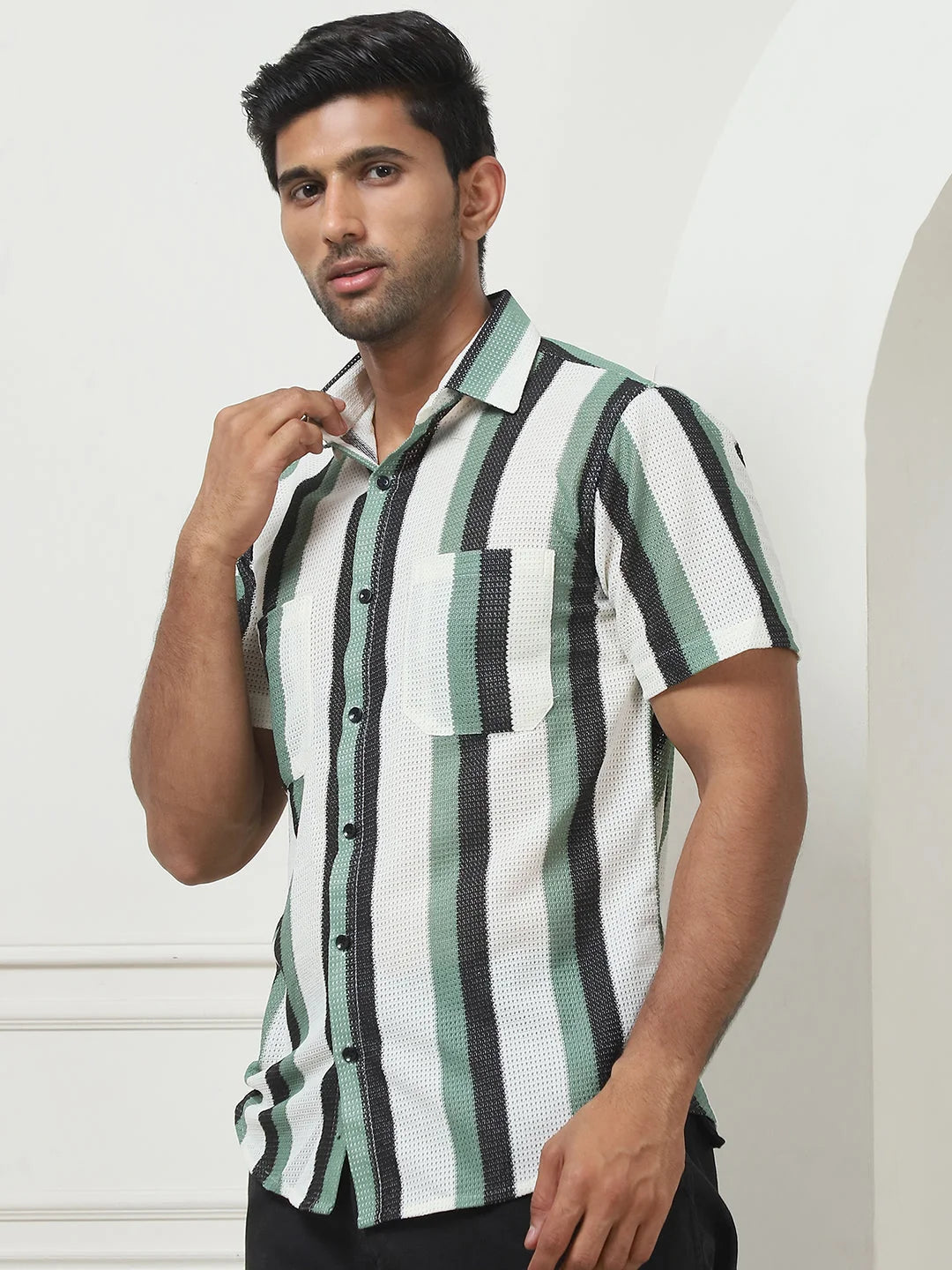Striped Green Mens Shirt - Regular Fit Cotton Shirt