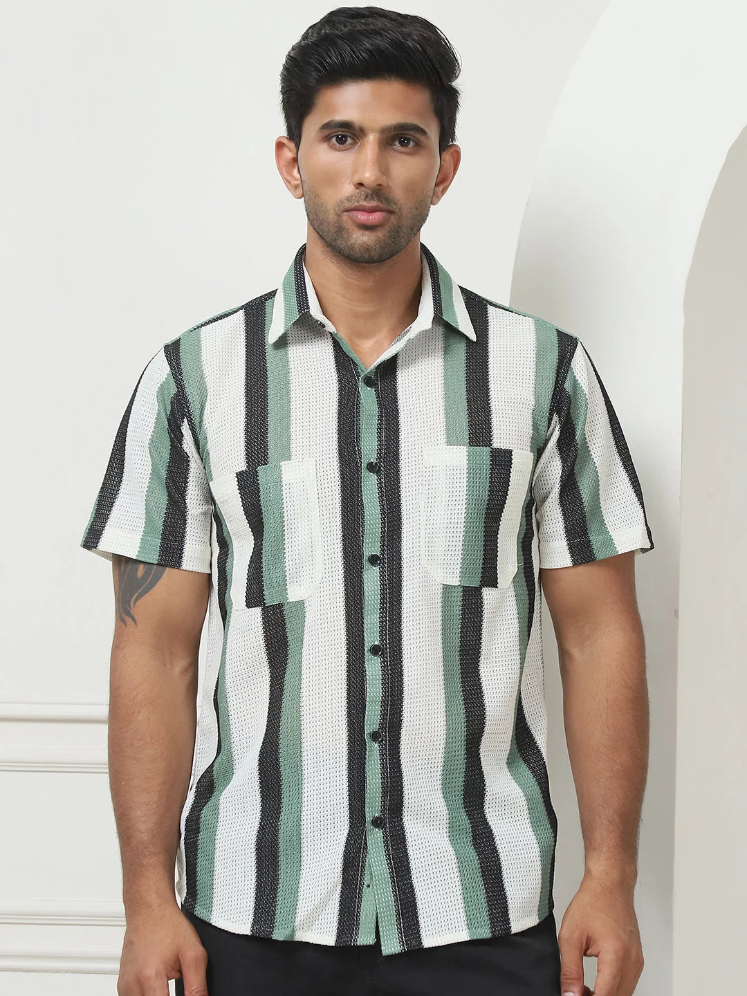 Striped Green Mens Shirt - Regular Fit Cotton Shirt