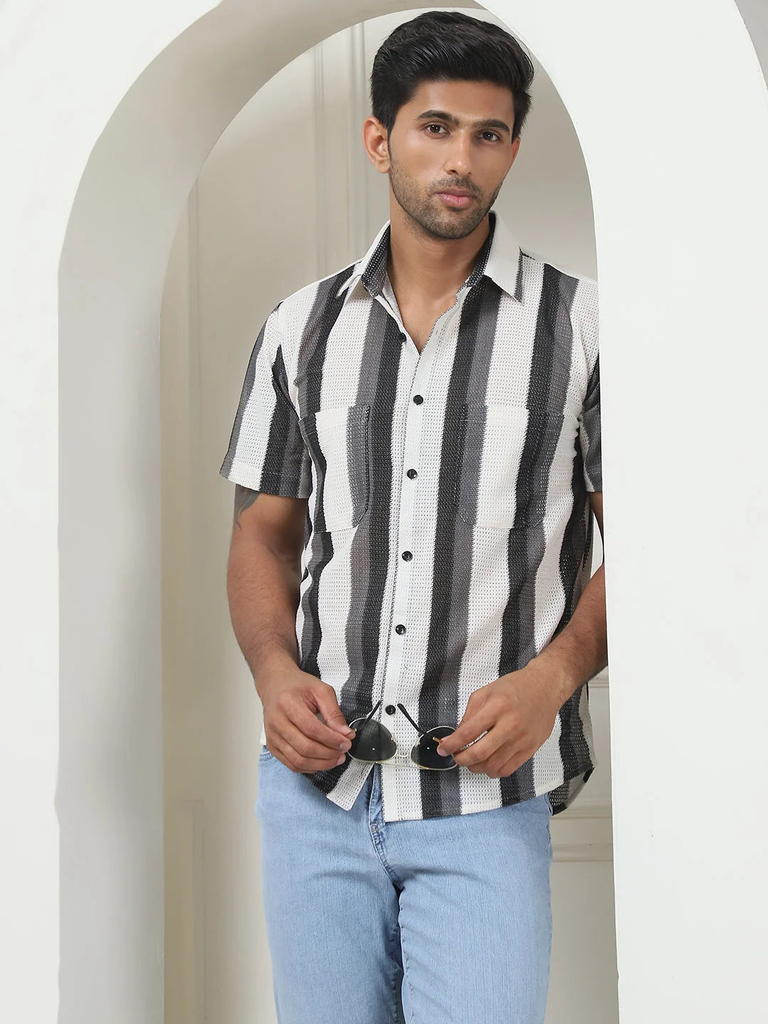 Shop Striped Regular Fit Grey Mens Shirt | Cotton Shirt
