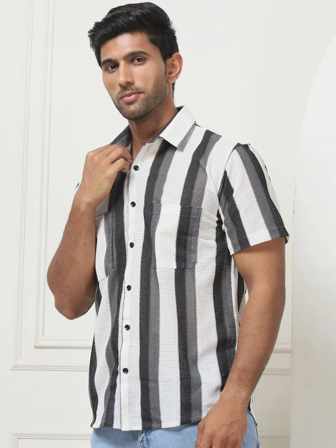 Shop Striped Regular Fit Grey Mens Shirt | Cotton Shirt