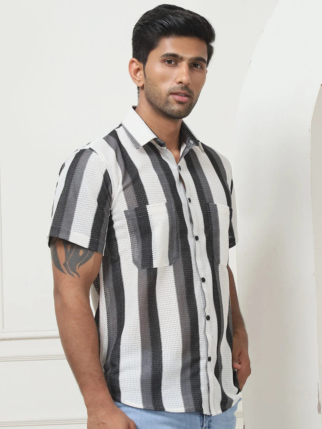 Shop Striped Regular Fit Grey Mens Shirt | Cotton Shirt