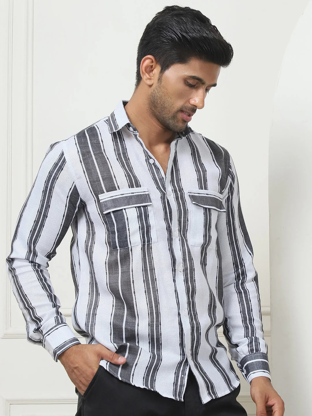 Trending Striped Regular Fit Grey Mens Shirt | Cotton Shirt