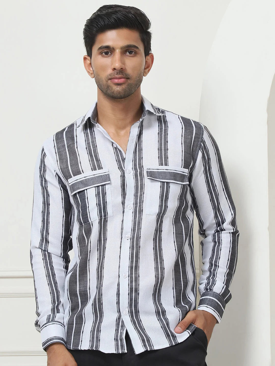 Trending Striped Regular Fit Grey Mens Shirt | Cotton Shirt