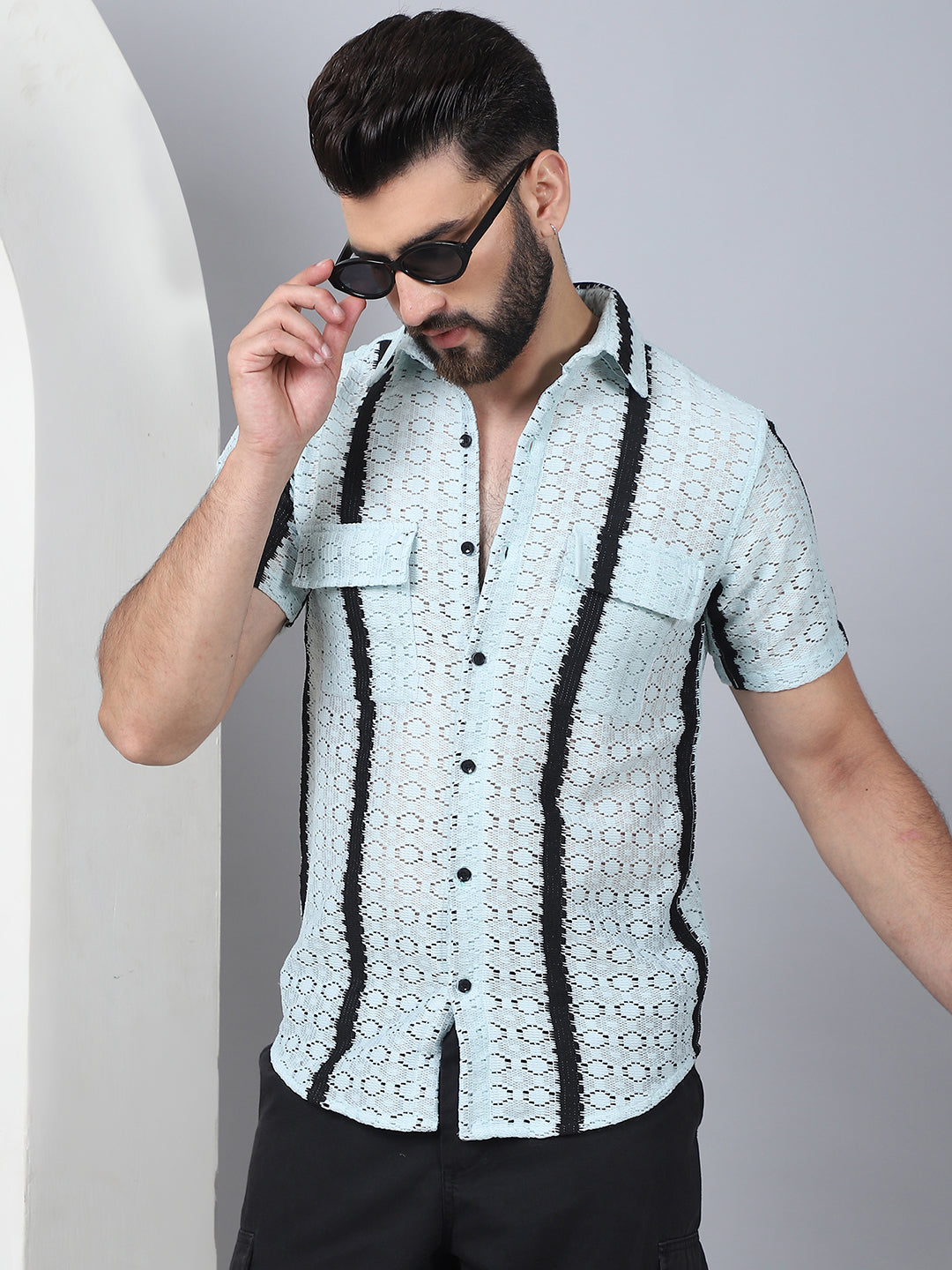 Striped Semi Sheer Casual Shirt For Men-SF-955Blue