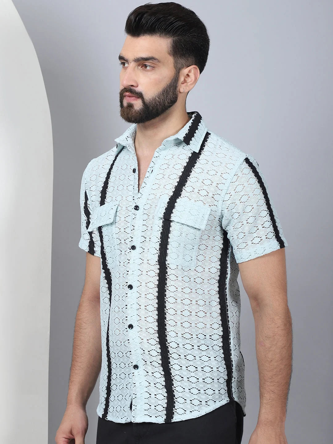 Striped Semi Sheer Blue Mens Shirt | Cotton Shirt