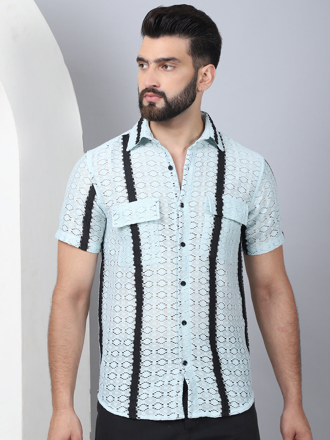 Striped Semi Sheer Blue Mens Shirt | Cotton Shirt