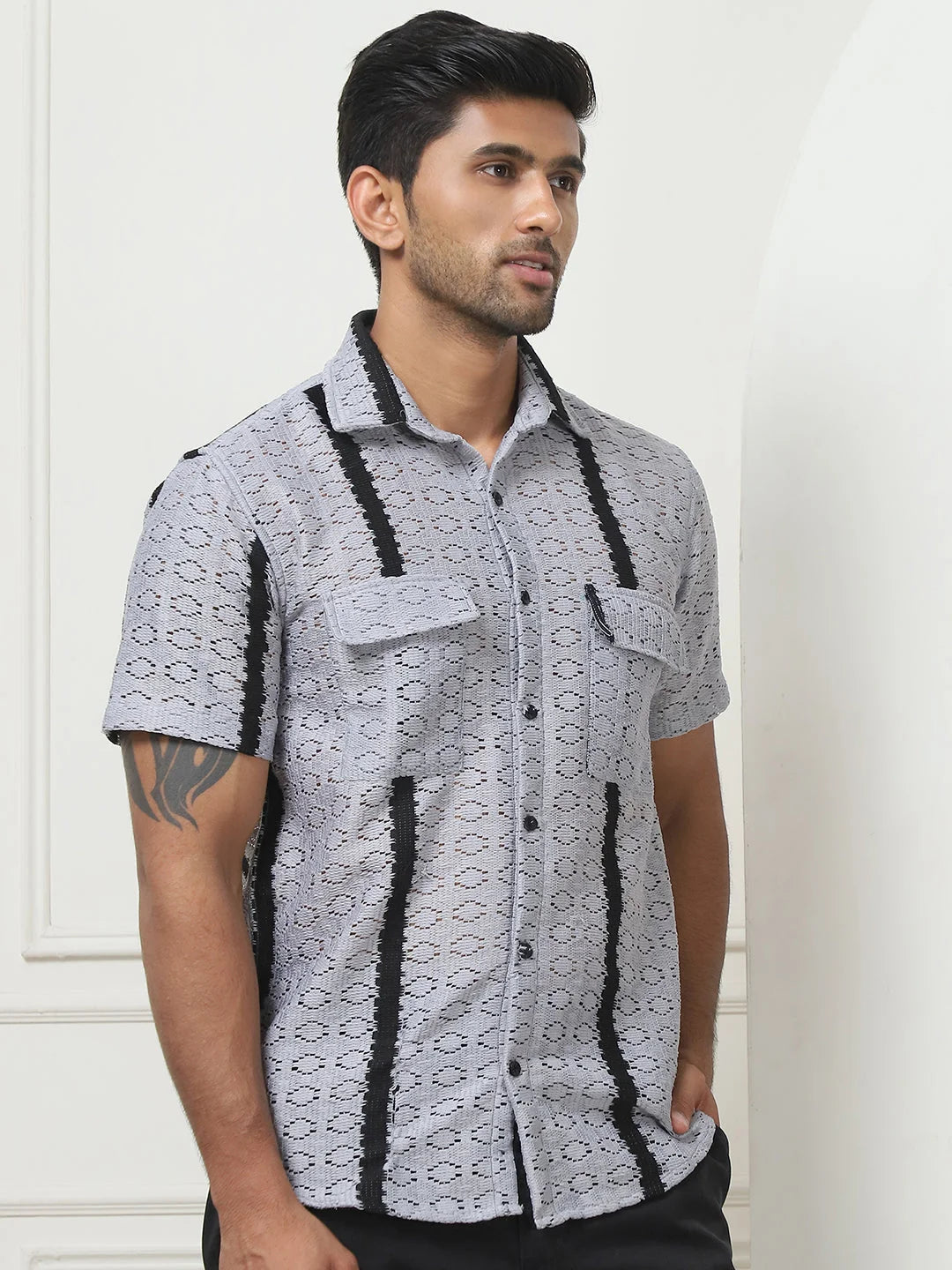 Striped Semi Sheer Grey Mens Shirt | Cotton Shirt