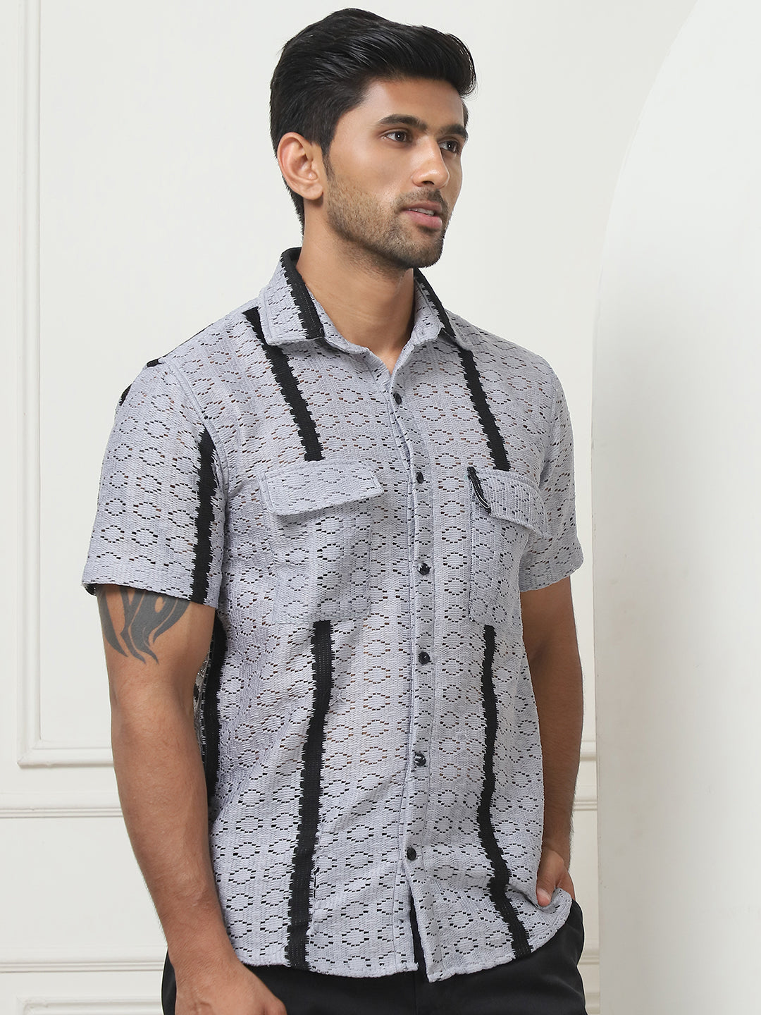 Striped Semi Sheer Grey Mens Shirt | Cotton Shirt
