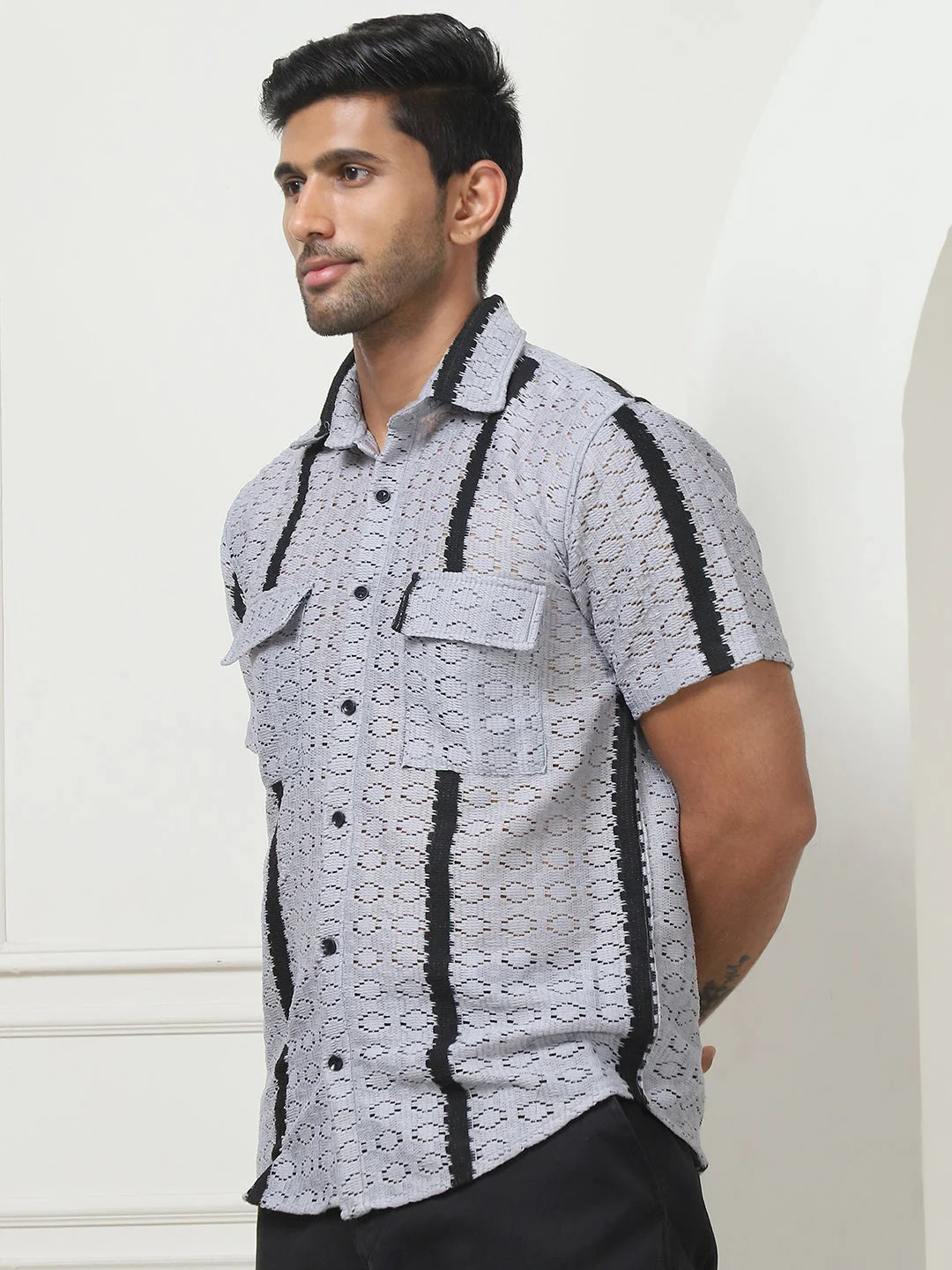 Striped Semi Sheer Grey Mens Shirt | Cotton Shirt