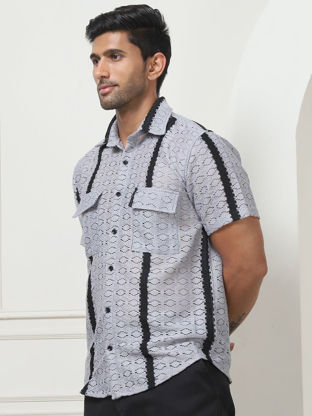 Striped Semi Sheer Grey Mens Shirt | Cotton Shirt