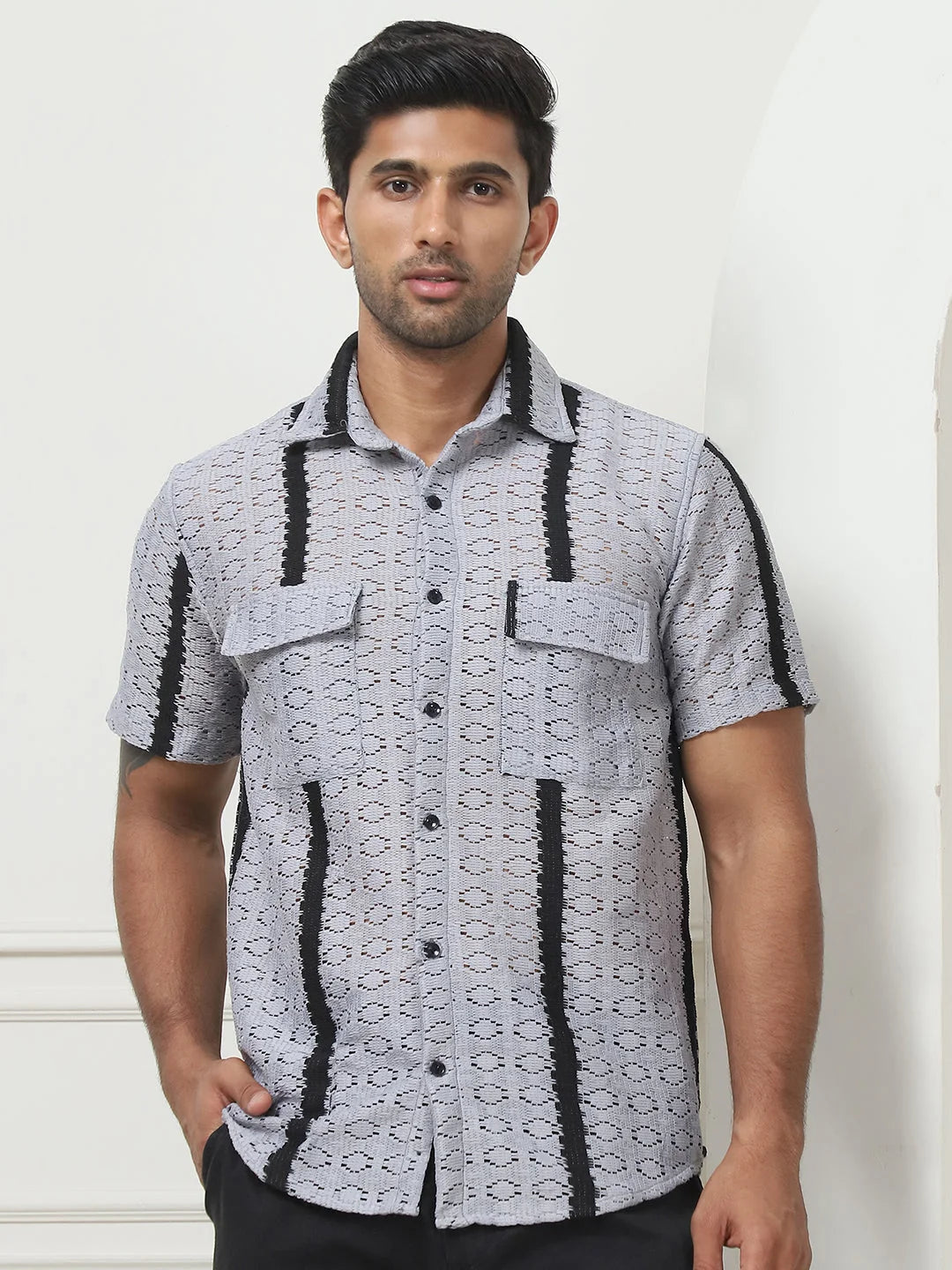 Striped Semi Sheer Grey Mens Shirt | Cotton Shirt
