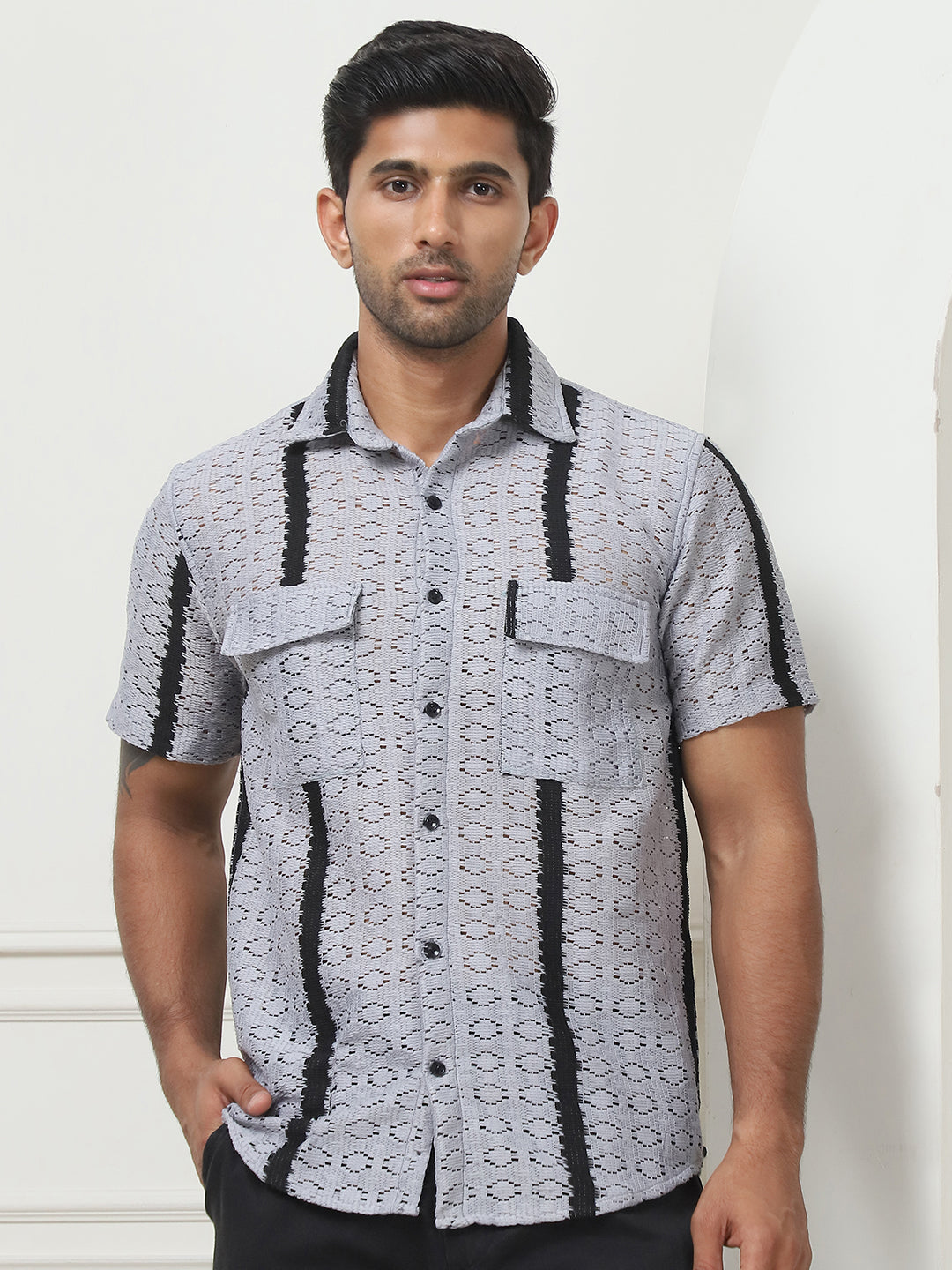 Striped Semi Sheer Grey Mens Shirt | Cotton Shirt
