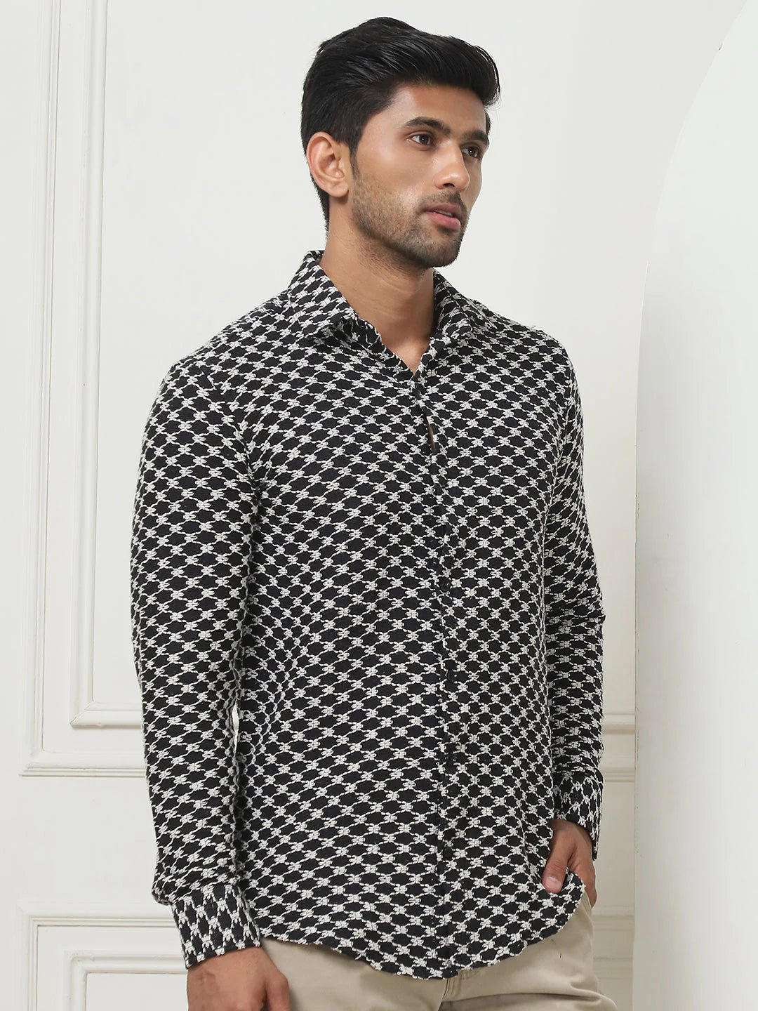 Woven Design Black Casual Mens Shirt | Cotton Shirt