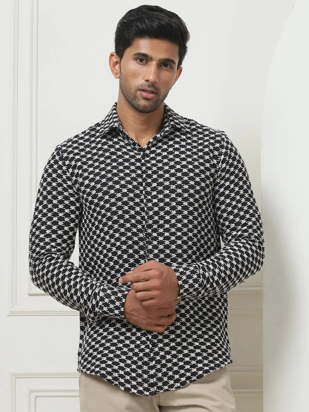 Woven Design Black Casual Mens Shirt | Cotton Shirt