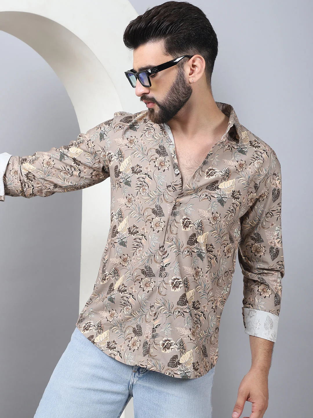 Men's Beige Floral Printed Cotton Shirt | Stylish Polo Shirts