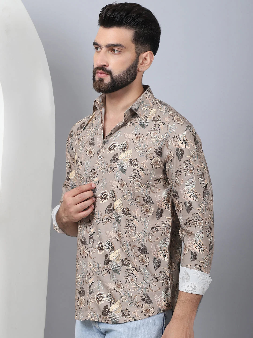 Men's Beige Floral Printed Cotton Shirt | Stylish Polo Shirts