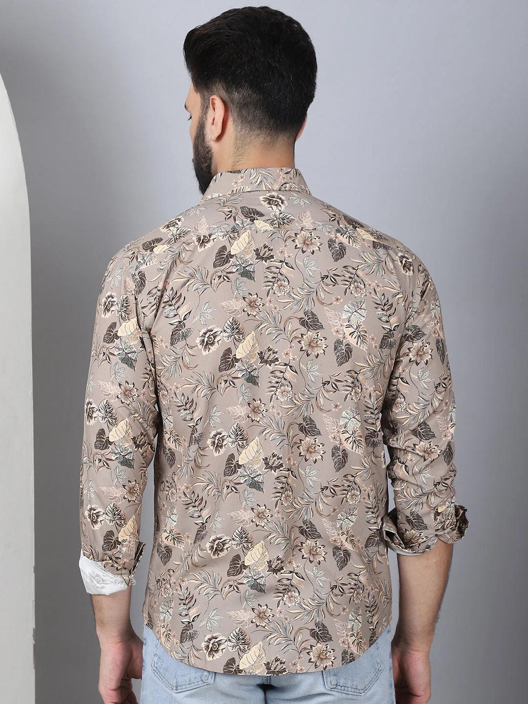 Men's Beige Floral Printed Cotton Shirt | Stylish Polo Shirts