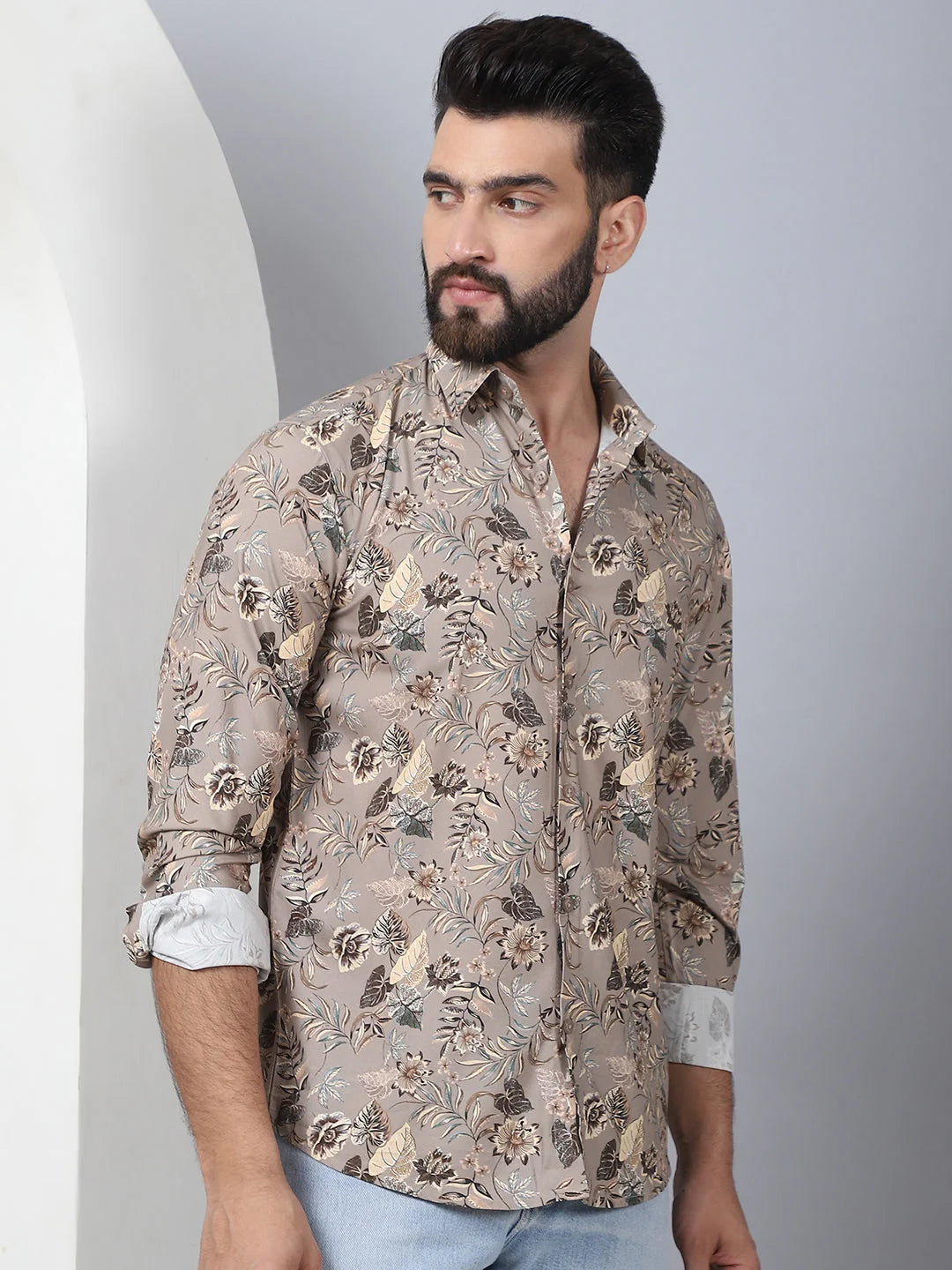 Men's Beige Floral Printed Cotton Shirt | Stylish Polo Shirts