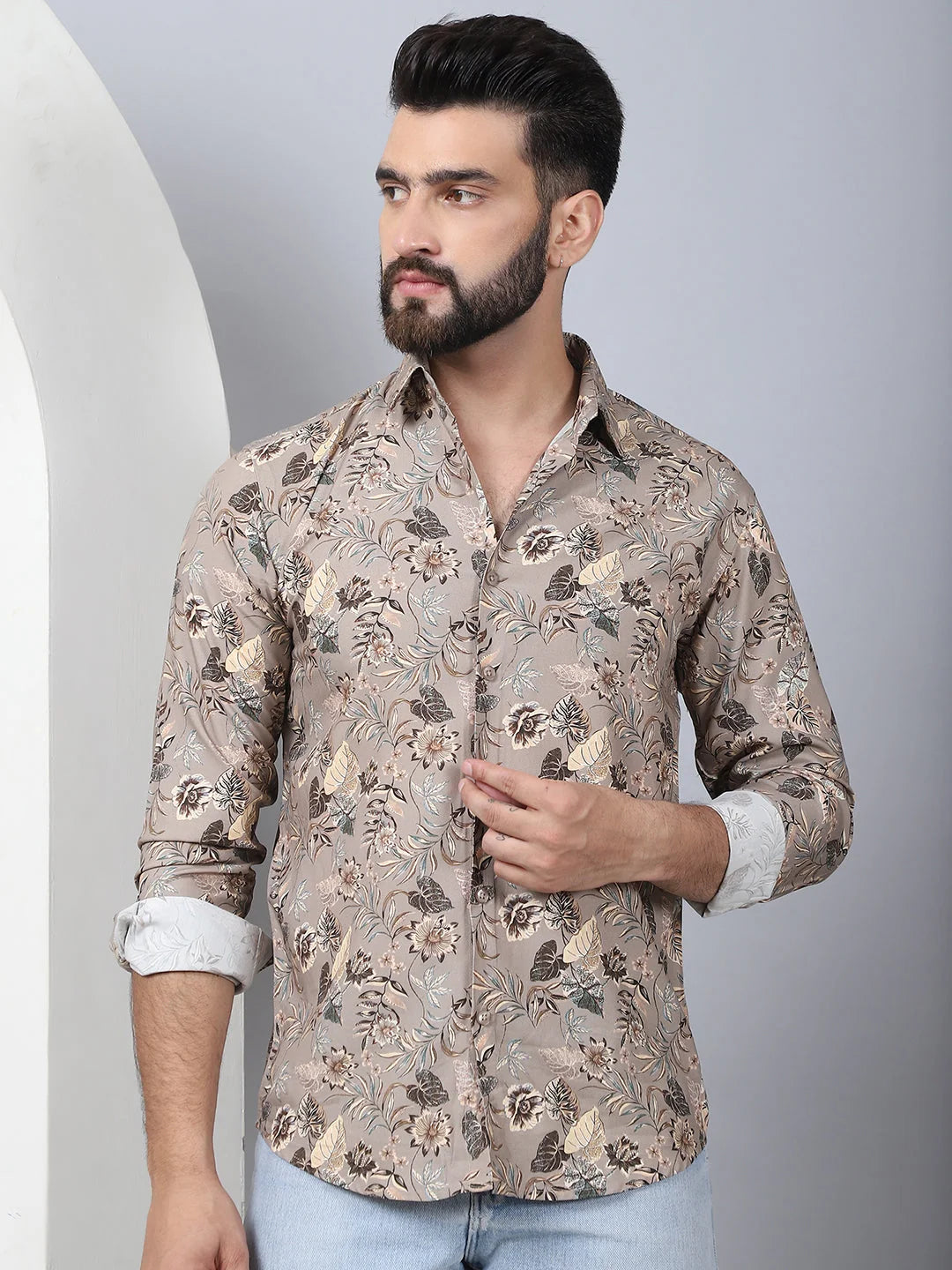 Men's Beige Floral Printed Cotton Shirt | Stylish Polo Shirts