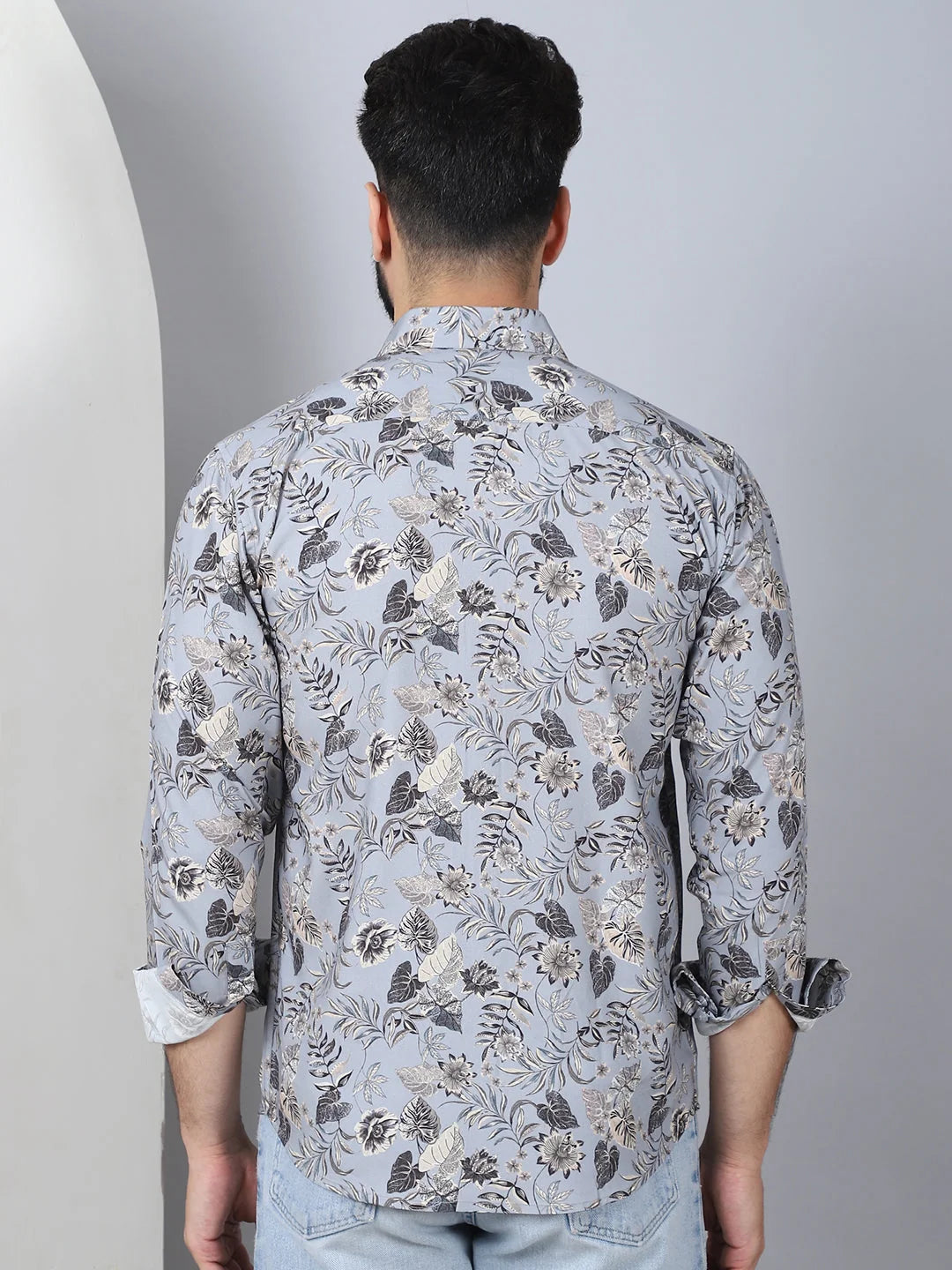 Men's Grey Floral Printed Cotton Casual Shirt | Beach Shirts