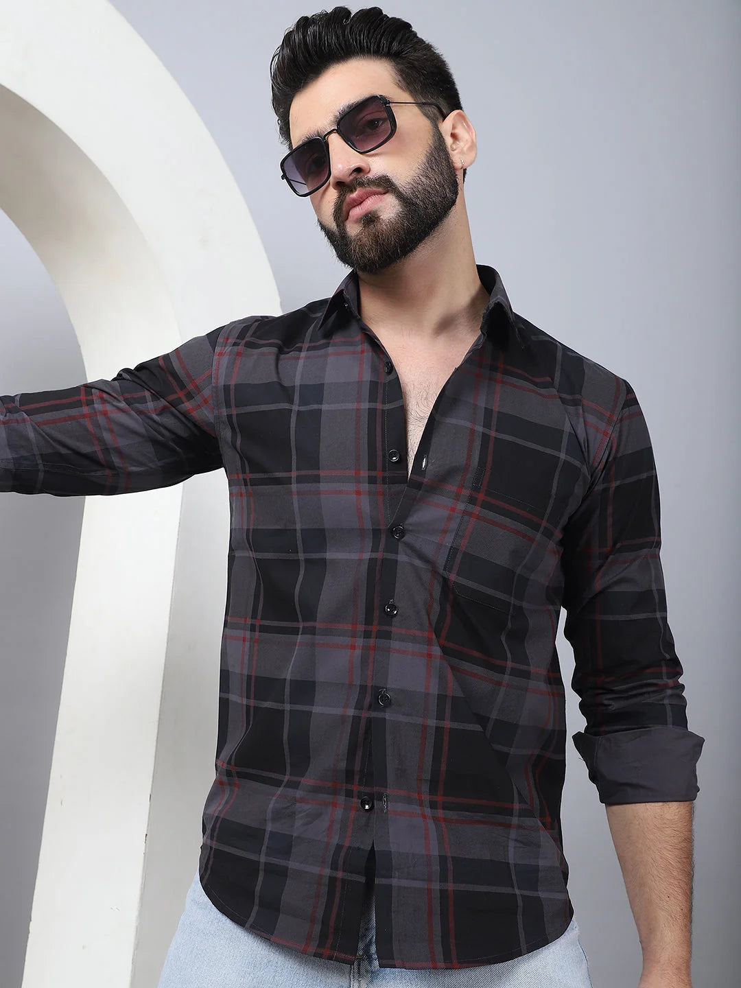 Men's Black Tartan Checked Cotton Shirt | Stylish Printed Shirt