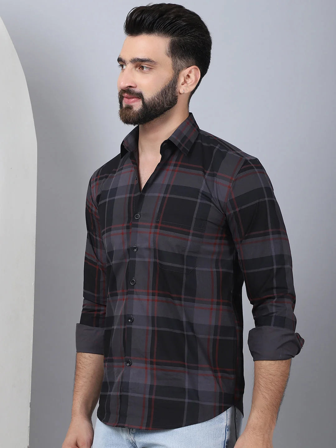 Men's Black Tartan Checked Cotton Shirt | Stylish Printed Shirt